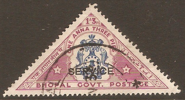 Bhopal 1935 1a.3p Blue and claret - Service stamp. SGO330.